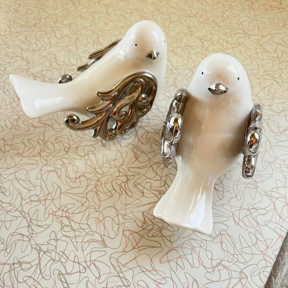 Pair of Ceramic Birds White Silver